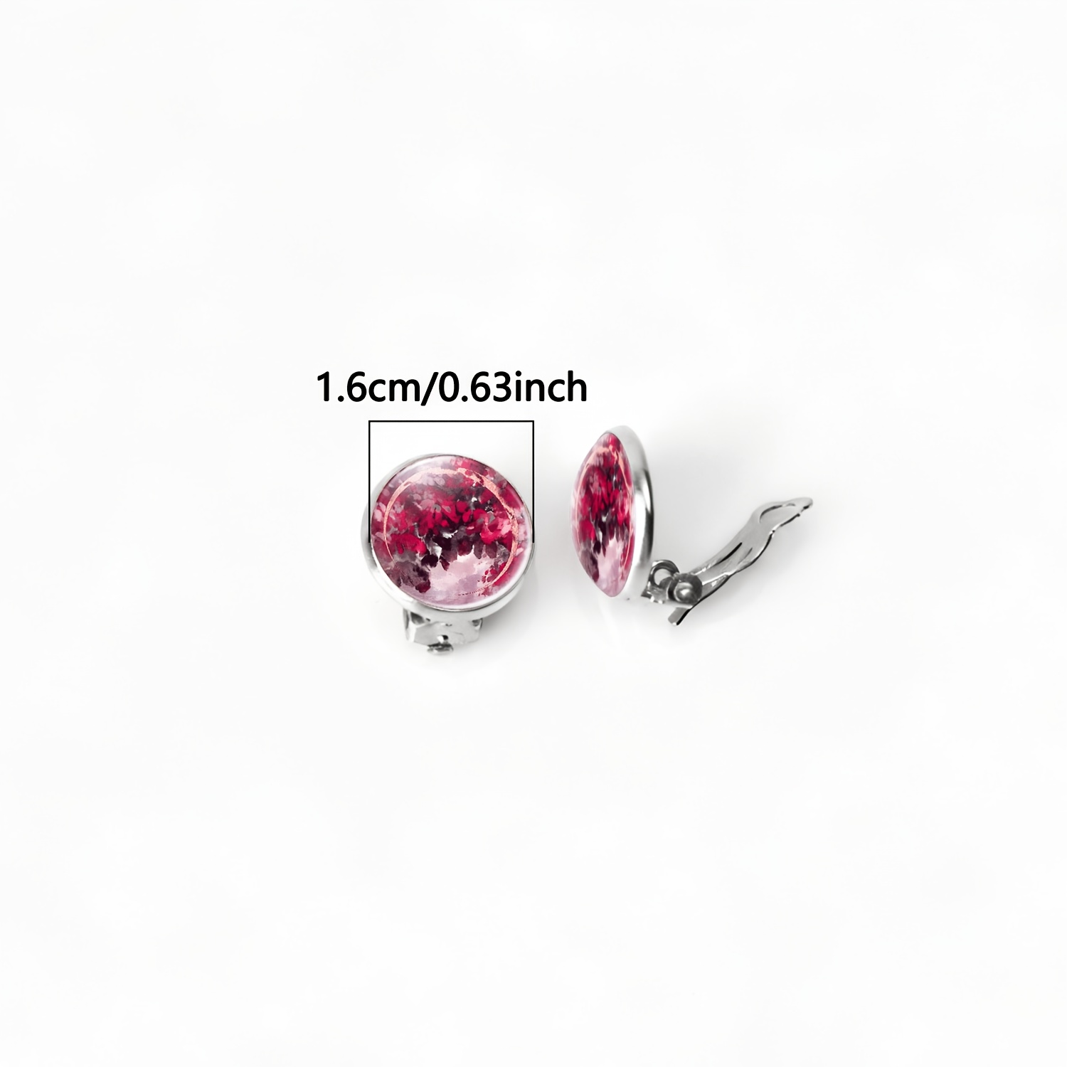2pc Artistic No-Pierced Round Glass Earrings Set, Red Abstract Design